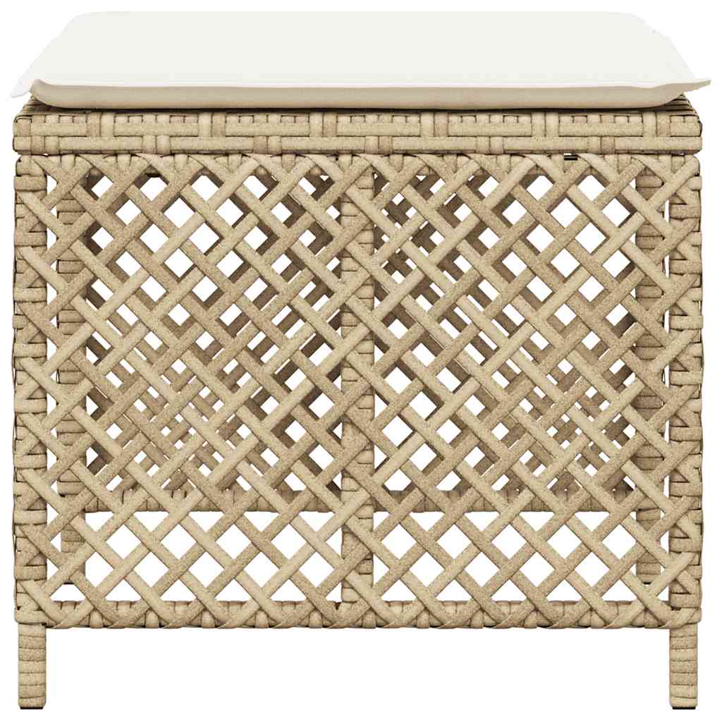 Garden Stools with Cushions 4 pcs Beige Poly Rattan, the outdoor foot rests showing a close up of the woven side panel
