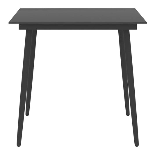 The outdoor table is shown from the front with a plain black surface and four tapered legs