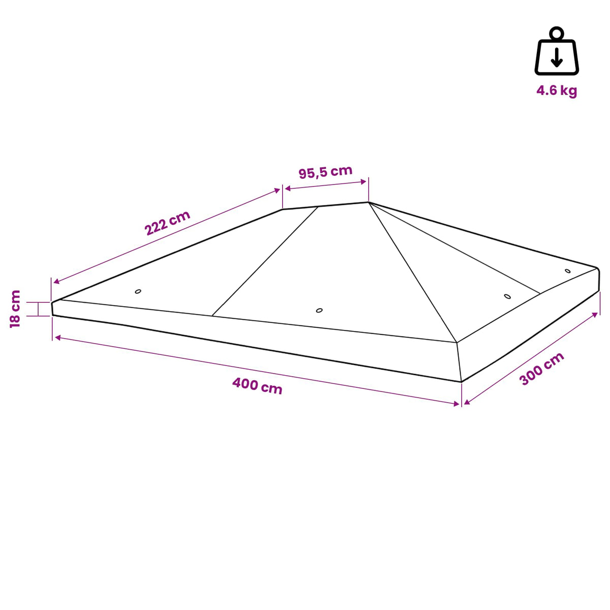 the gazebo canopy top shown as a line drawing with various dimension arrows and labels