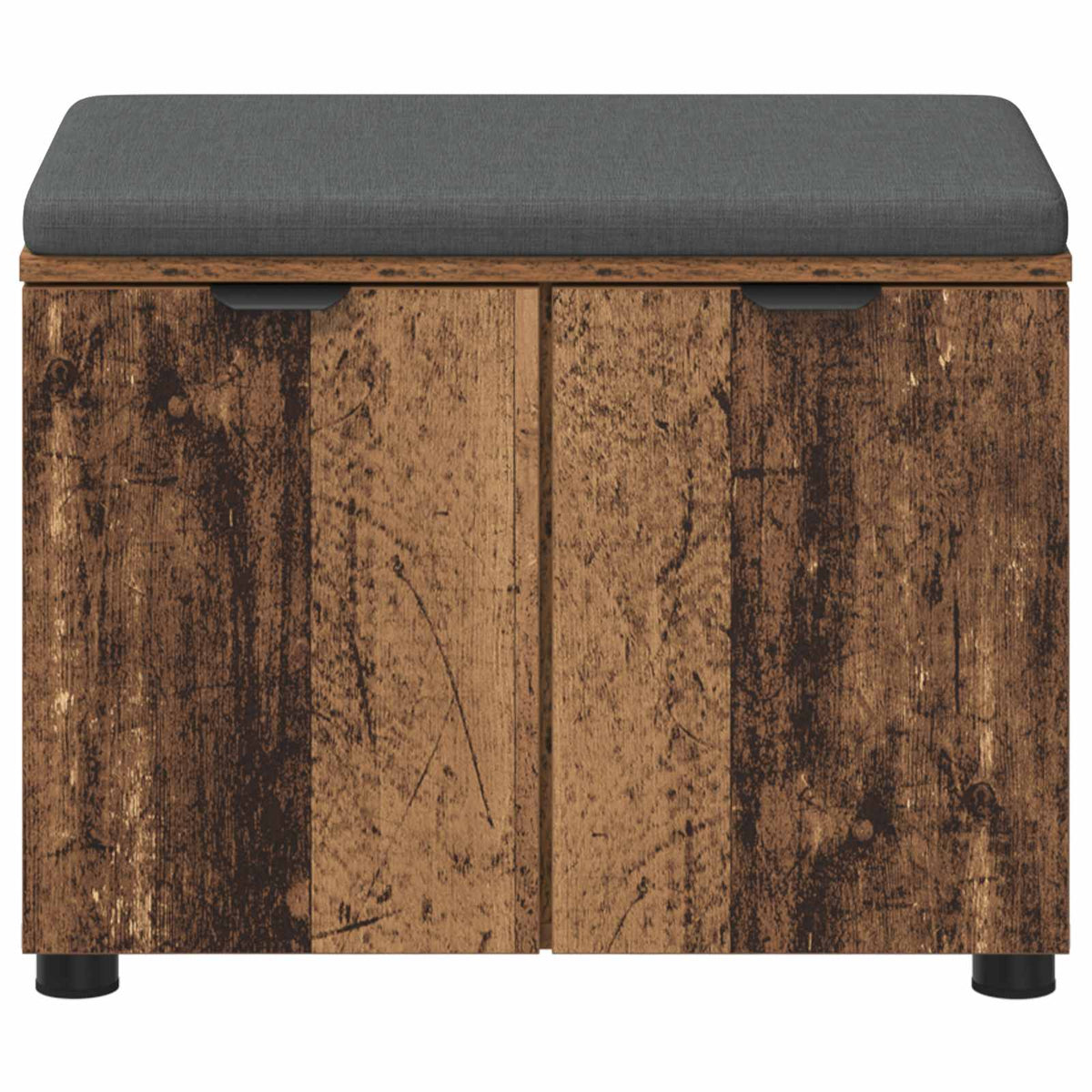 The entryway bench shown directly from the front with a grey seat and wood grain doors