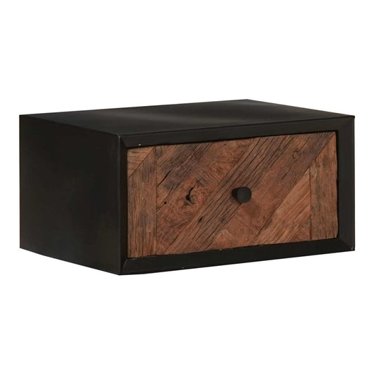 The bedside table has a black metal frame and a rustic wooden drawer front with a round knob