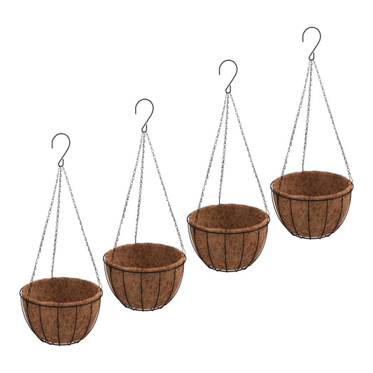 Four black steel hanging planters with coco liners, each with a chain suspension