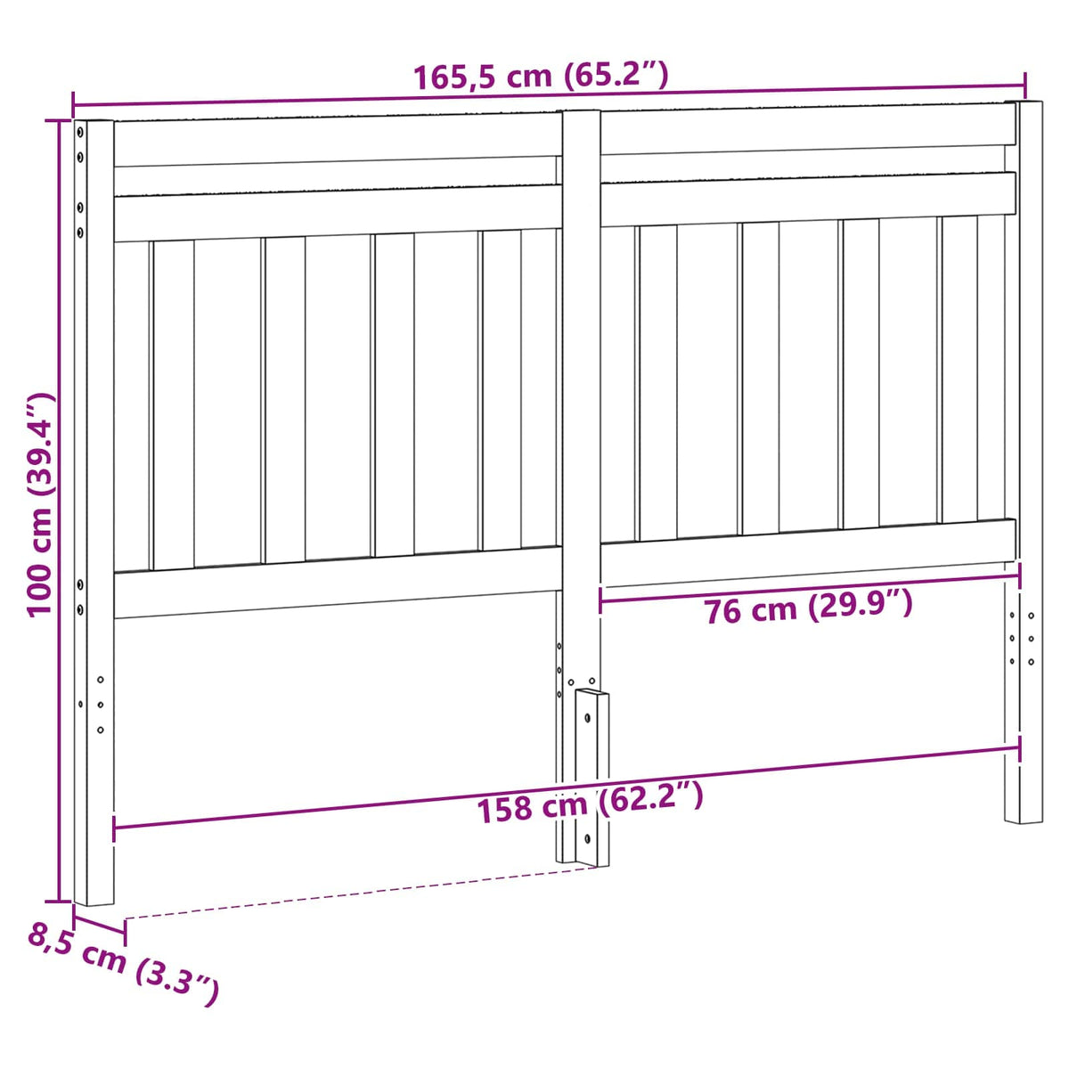 A technical line drawing of the wooden headboard with various dimensions indicated