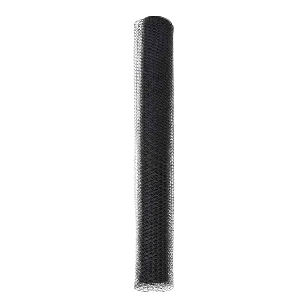 A roll of grey hexagon fence netting standing upright