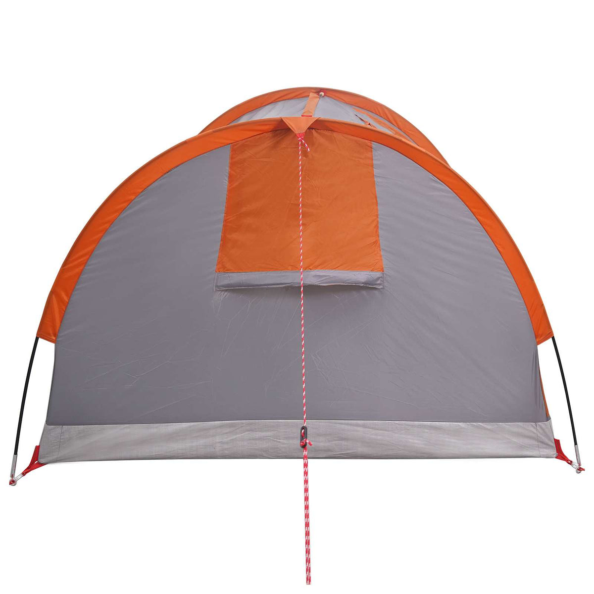 rear view of the grey and orange two-person hiking tent with orange panel