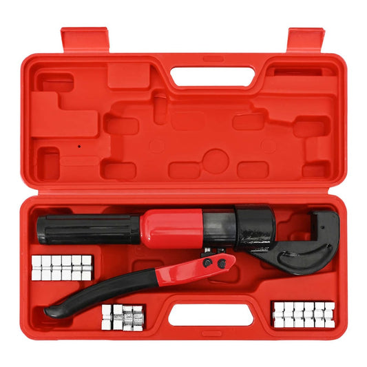 The hydraulic crimping tool and dies laid out inside its open red case