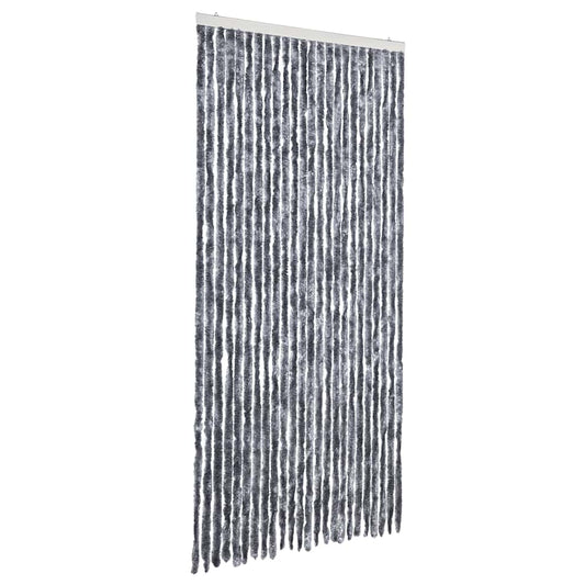 The silver insect curtain hanging at an angle against a plain white background