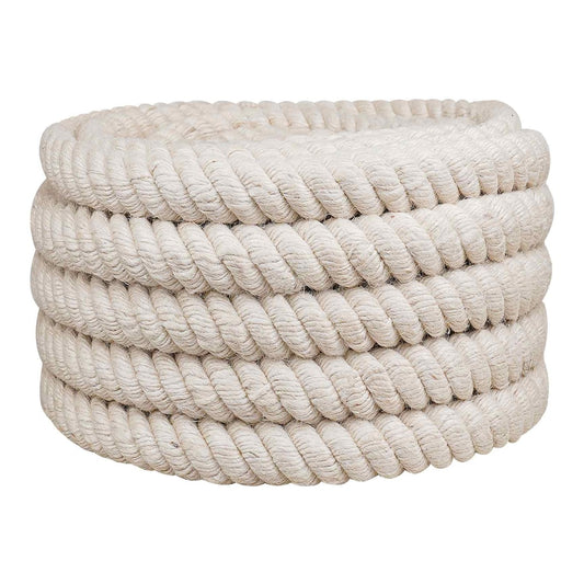 A thick white jute rope coiled neatly, showing its texture