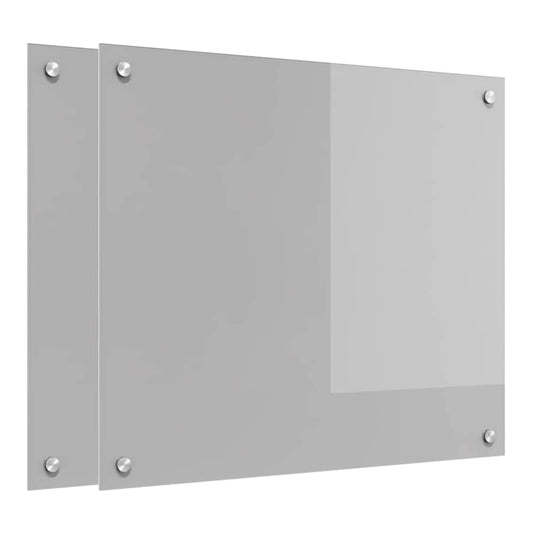 Two light grey tempered glass kitchen backsplashes shown from the front