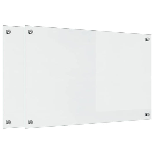 Two transparent tempered glass kitchen backsplashes with screw fixings