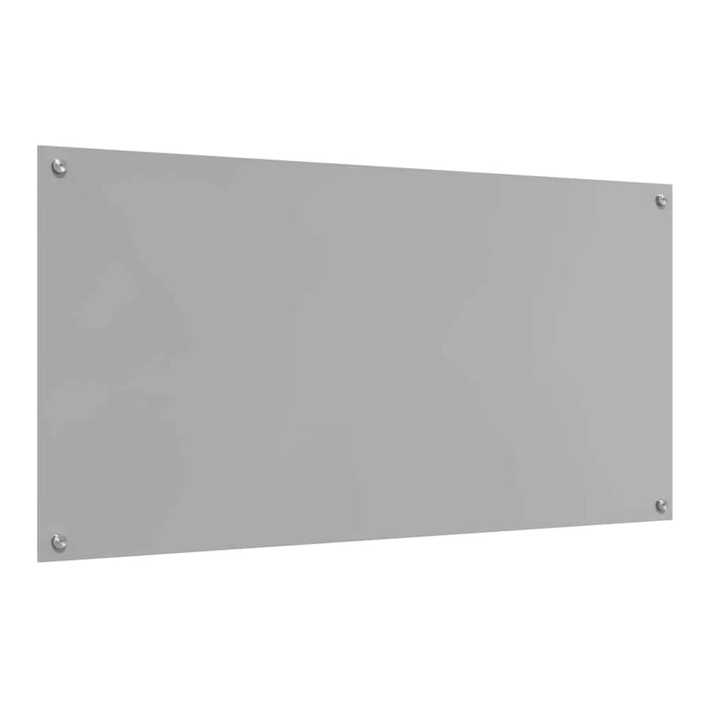 A light grey tempered glass kitchen backsplash with a subtle lighter rectangle on the right side