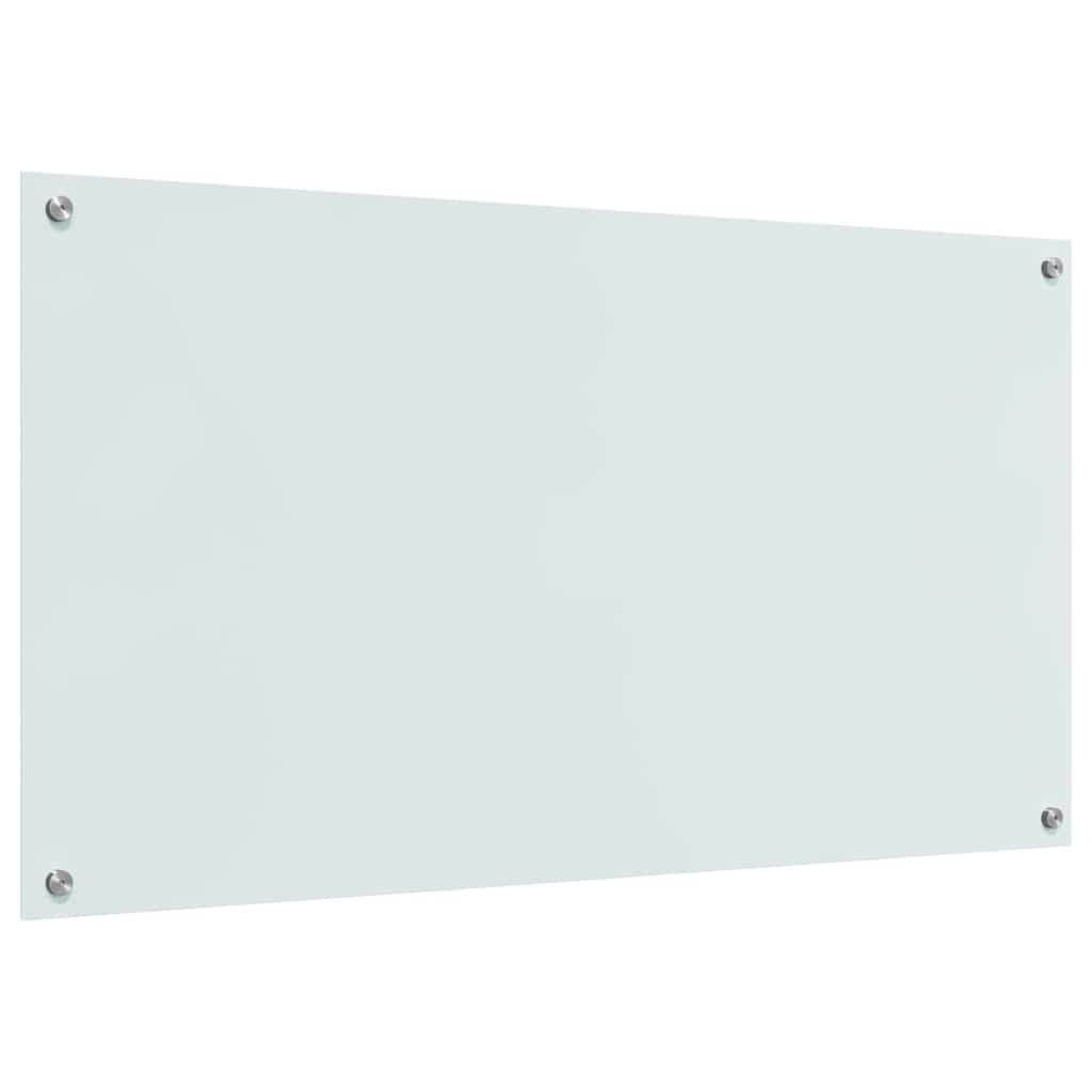 White tempered glass kitchen backsplash showing screw heads