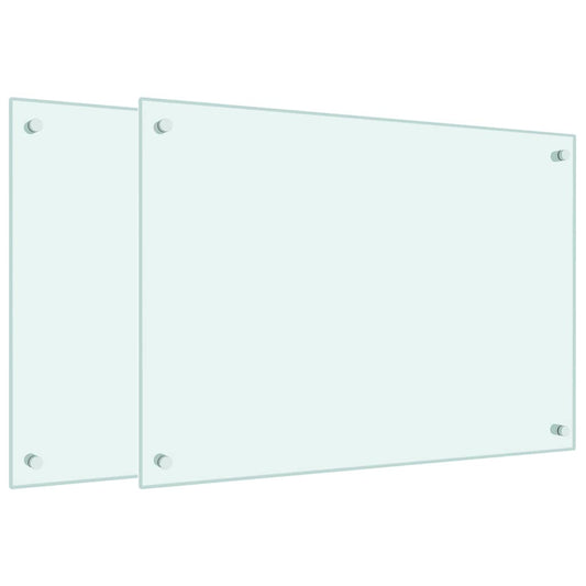 Two white tempered glass kitchen backsplashes shown together, each with four fixing points