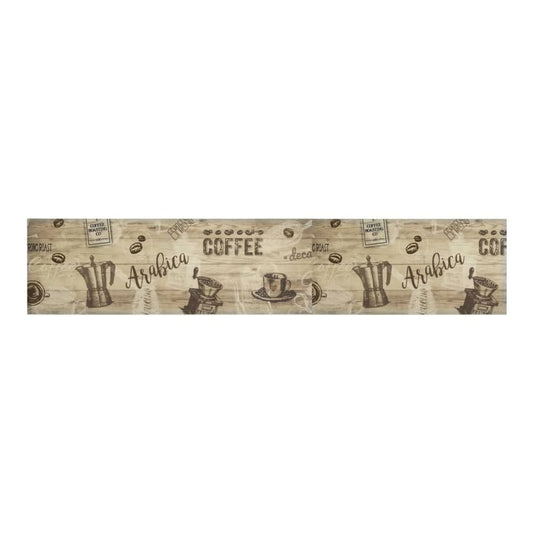 The coffee-themed pattern on the kitchen rug, featuring text and coffee grinders