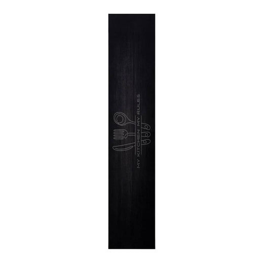 Black kitchen rug with a cutlery design and text MY KITCHEN MY RULES