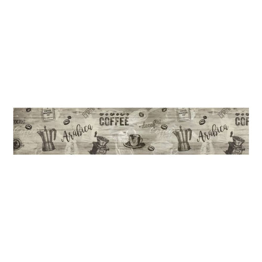 A long kitchen rug with a repeating coffee-themed pattern of cups, grinders, and text
