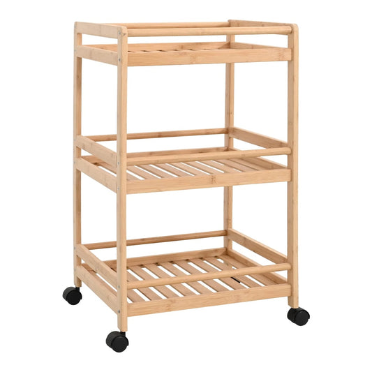 Bamboo kitchen trolley with three slatted shelves and wheels, shown from the front
