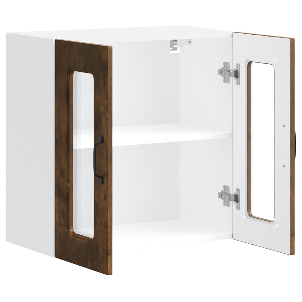 The kitchen wall cabinet with both doors open showing shelves and crockery inside