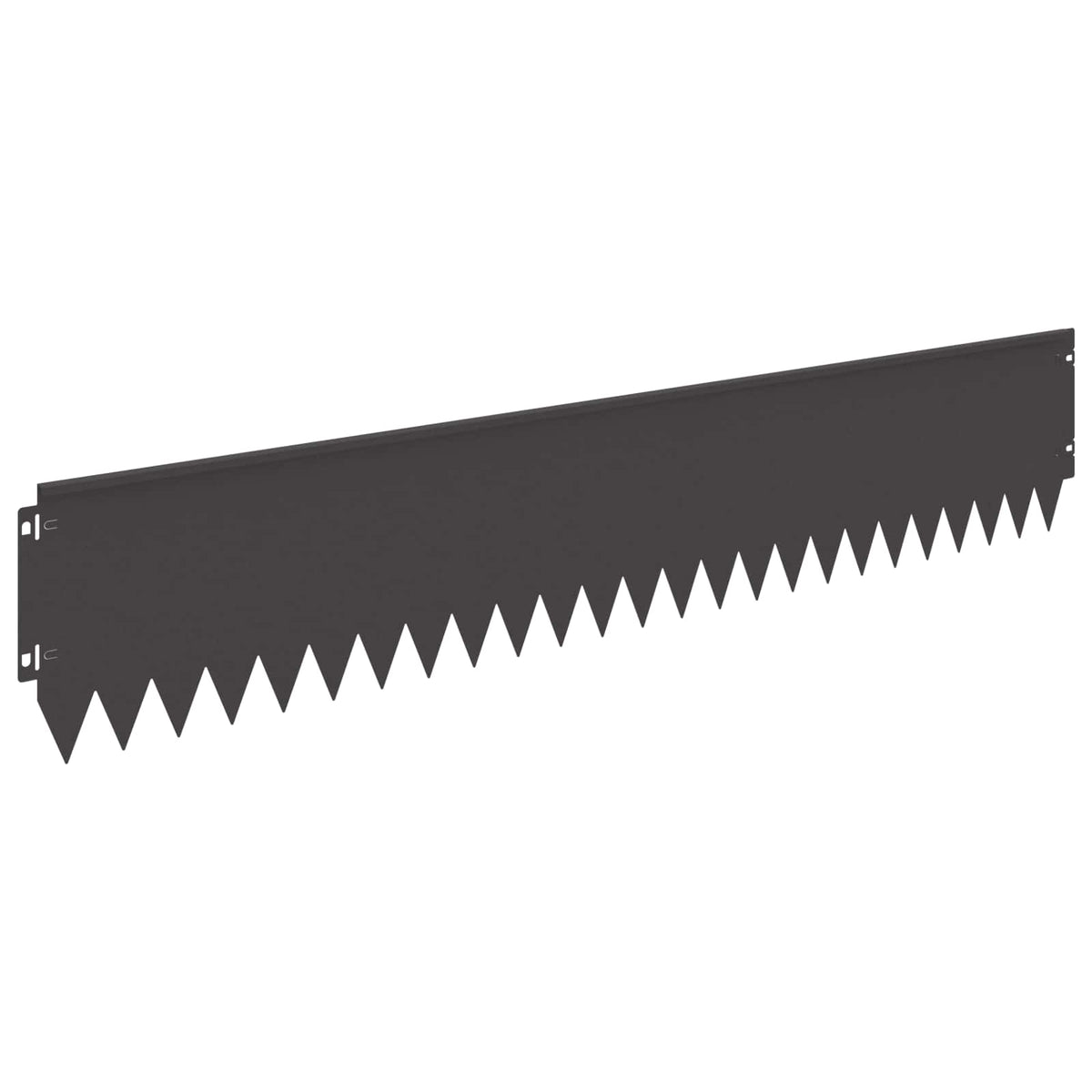 A single black steel garden border with a pointed bottom edge shown from the side