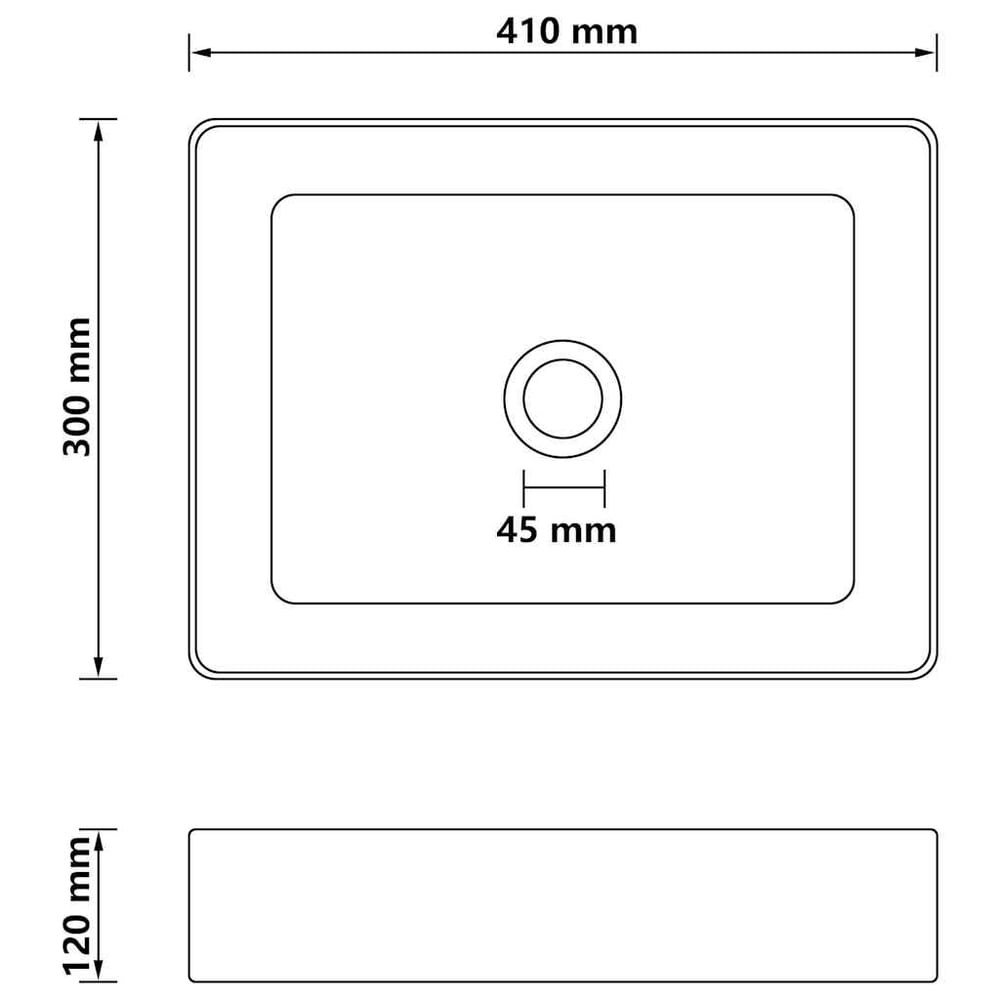 Diagram showing the dimensions of the ceramic wash basin