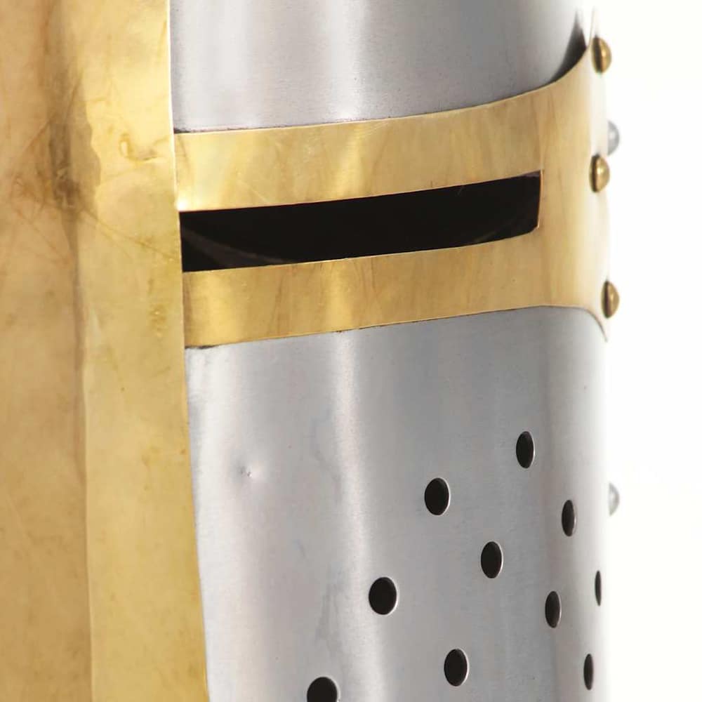 Close-up of the eye slit and brass banding on the collectable knight helmet