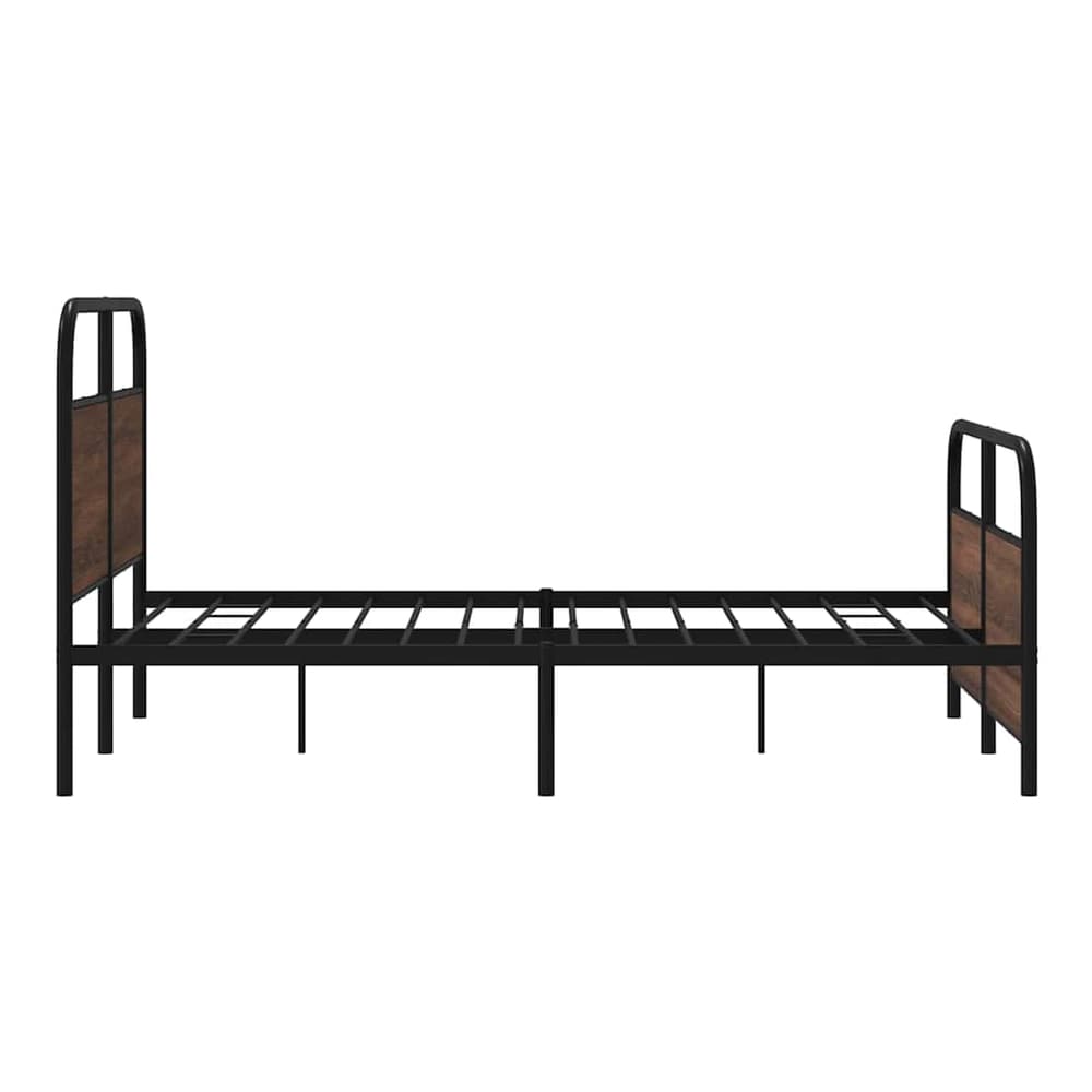 The metal bed frame without mattress has a slatted base and a black metal frame with brown wooden effect panels