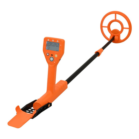 Close up of the orange metal detector with its LCD screen and handle