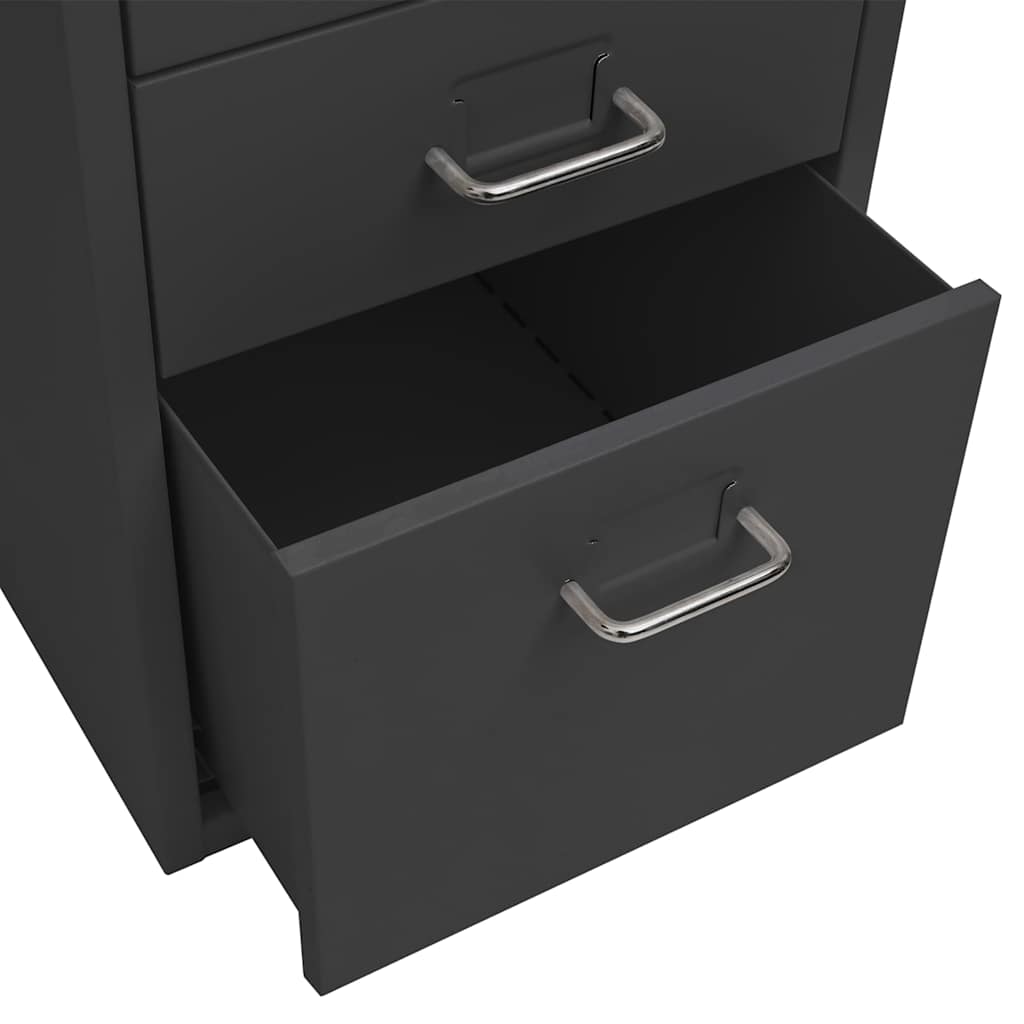 Close-up of the open drawers on the anthracite filing cabinet