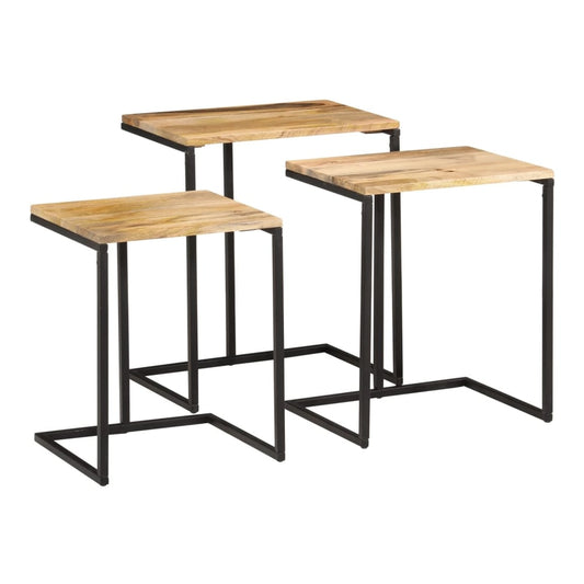 Three wooden tables with black metal frames, showing the nesting capability