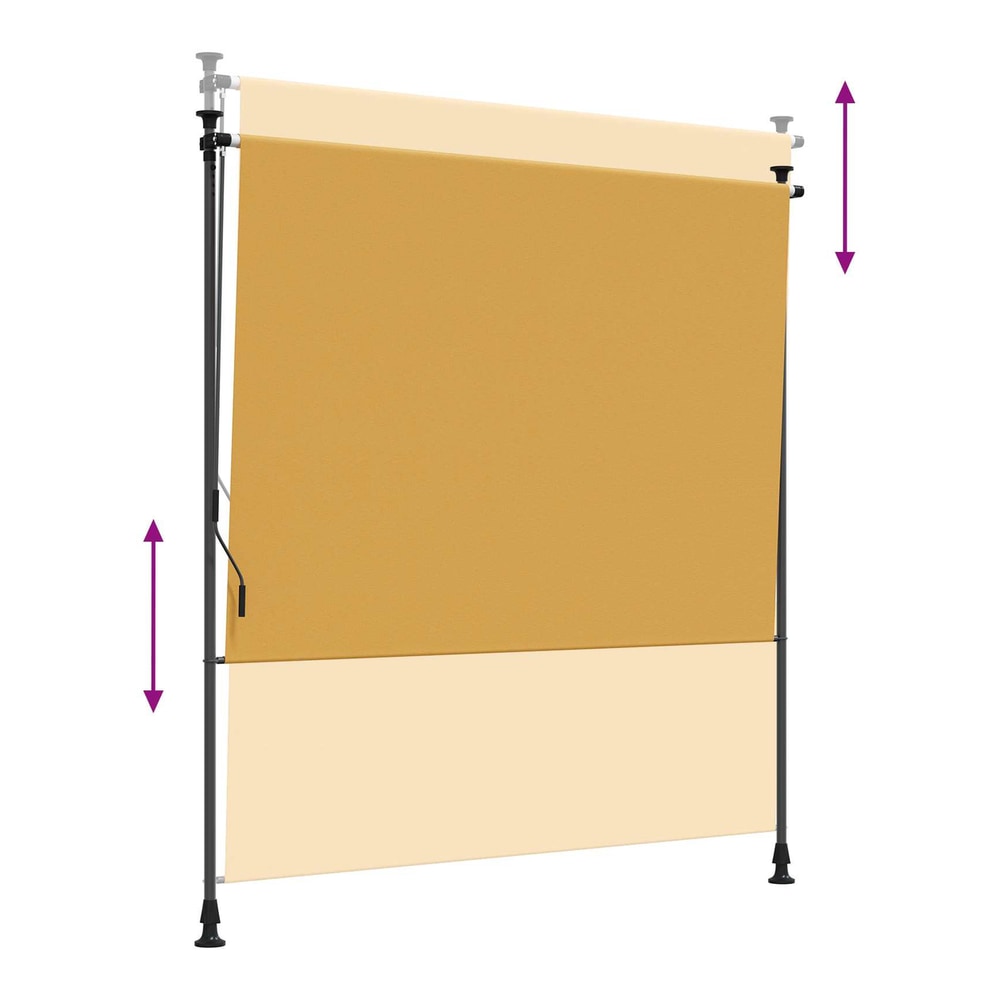 The outdoor roller blind shown in two different height settings