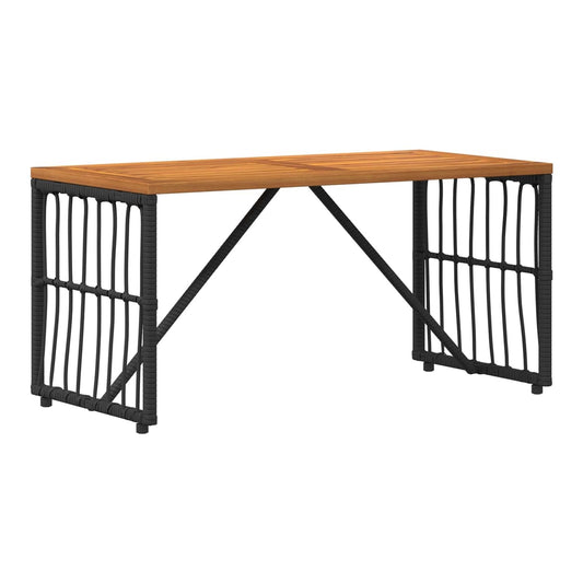 The outdoor table has a slatted wooden top and black woven sides