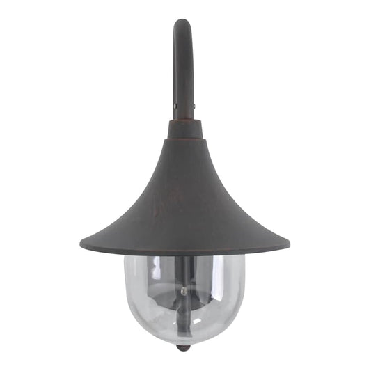 This bronze outdoor lighting has a wide, conical shade and a clear glass globe below
