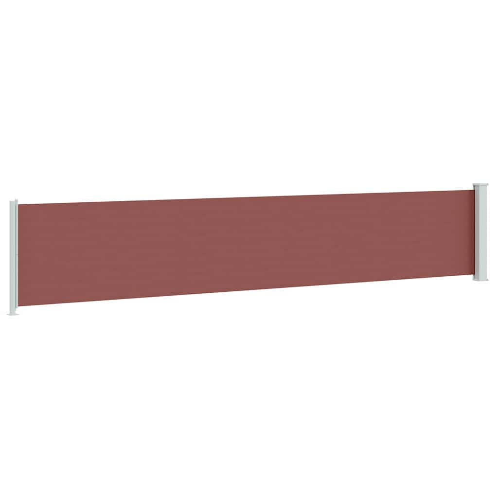 The brown patio awning extended between two white posts on a terrace