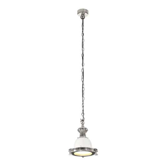 The pendant lamp hanging from a long chain with the light switched on against a white background