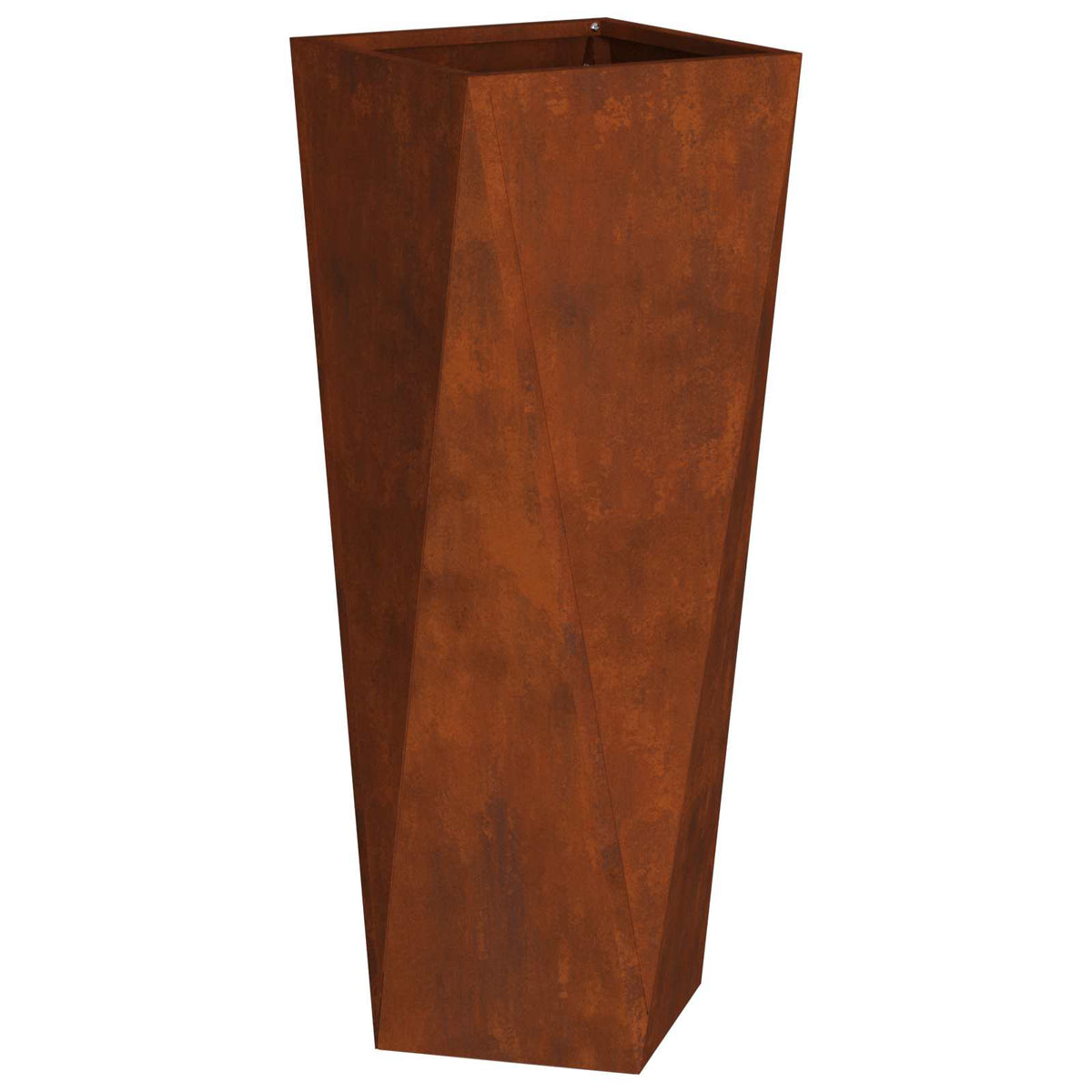 The rusty weathering steel planter shown from a slightly different angle