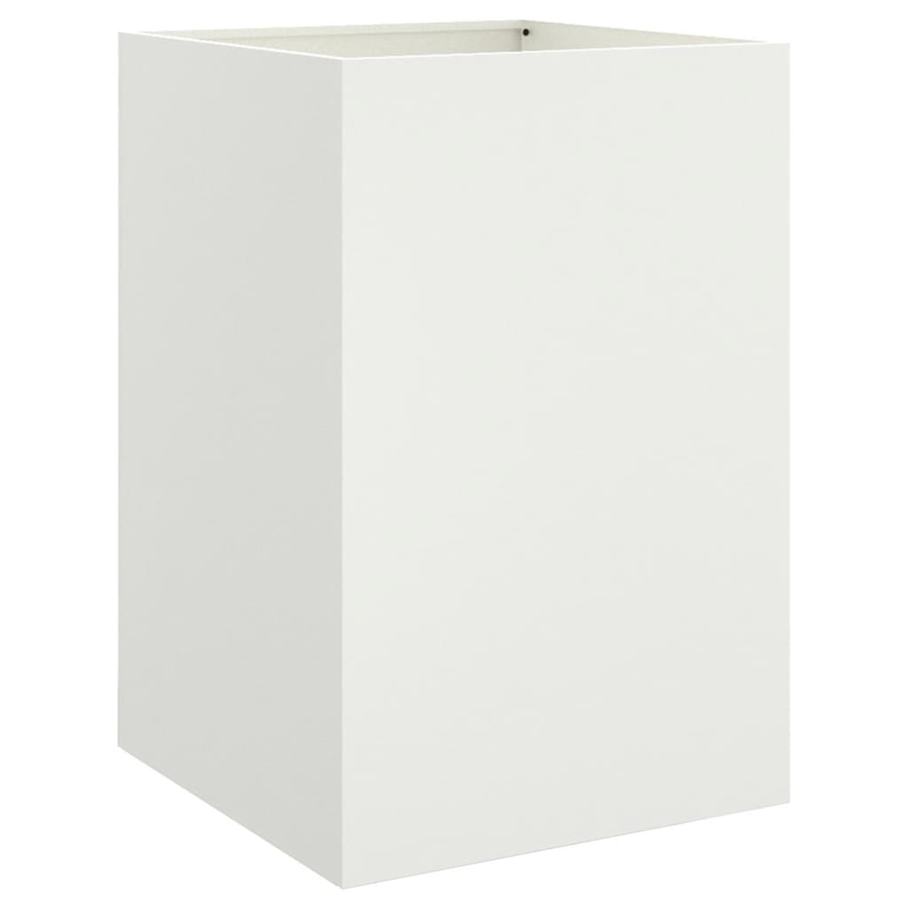 A tall square white planter shown from a low angle