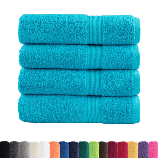 Four turquoise towels shown with a selection of other colours available
