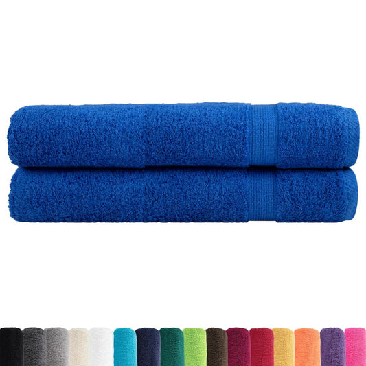 The blue towels are shown with a selection of other colours available in the range