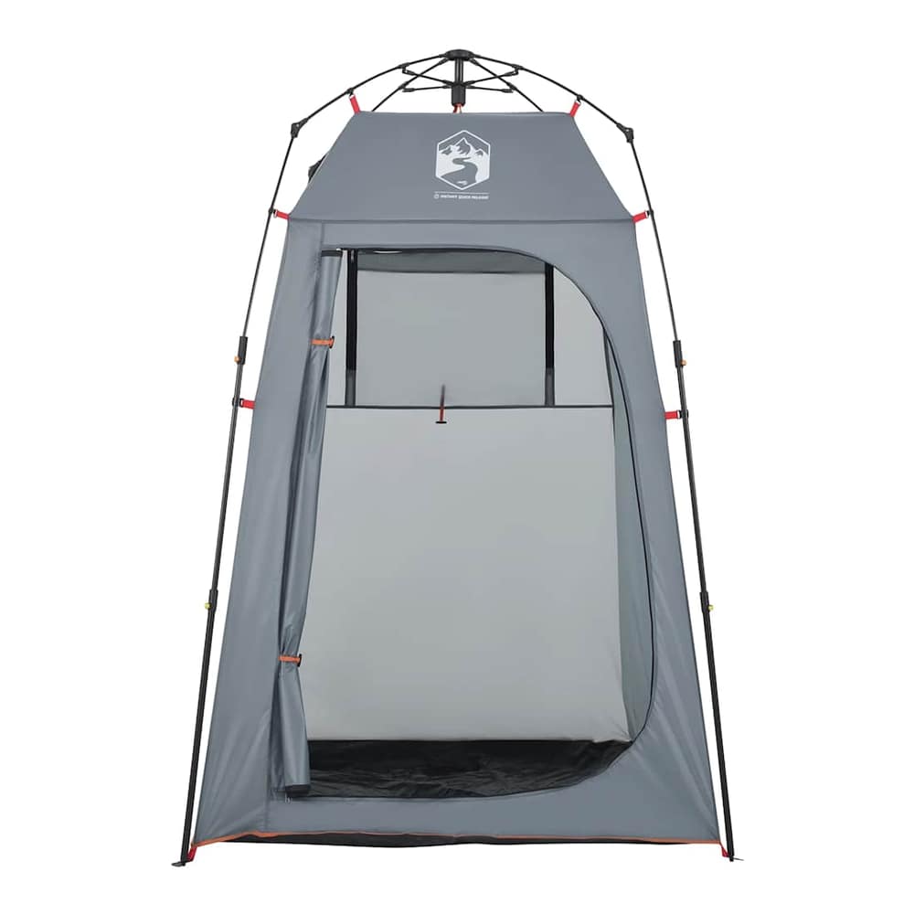 The grey privacy tent with the door open, revealing a mesh window at the back