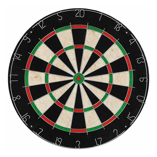 The dartboard has a sisal fibre surface with numbered segments and coloured rings