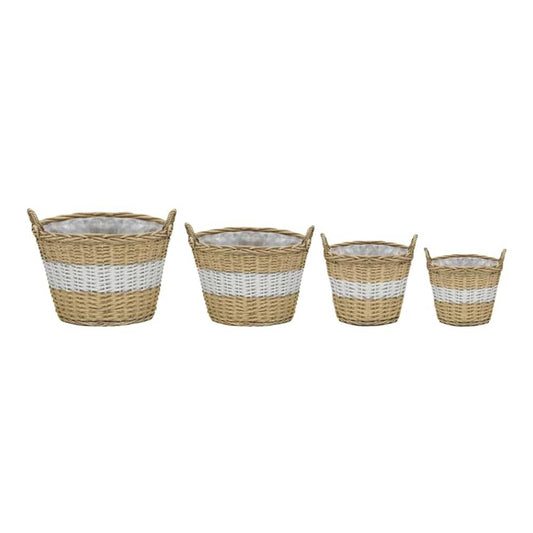 The wicker planters lined up from largest to smallest on a plain white background