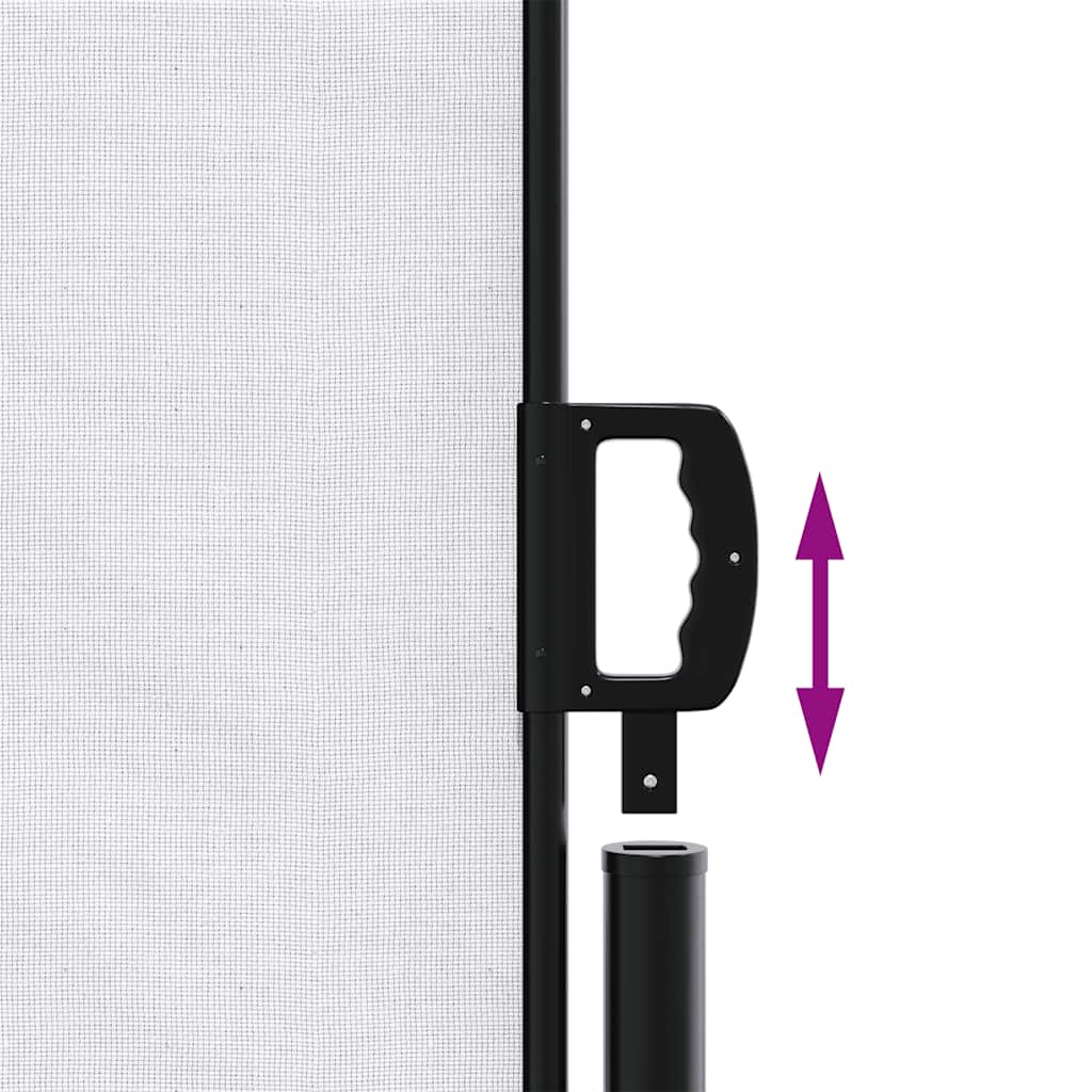 A close-up of the black handle on the white retractable side awning with a vertical arrow