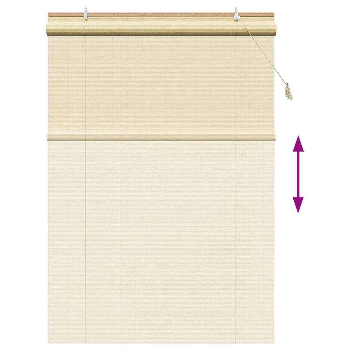 the window blind with a purple arrow indicating the vertical movement of the shade