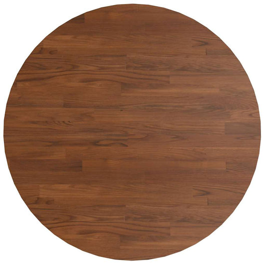 the round table top showing the dark brown wood grain pattern from directly above