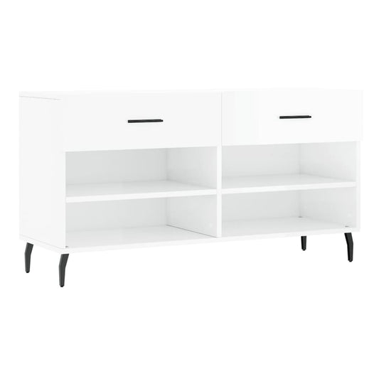 the white shoe rack with two drawers and open shelves, front view