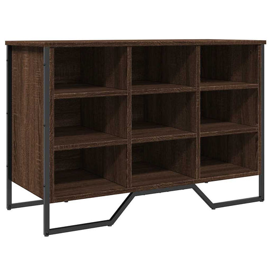 The empty shoe organiser with nine open storage compartments and a dark metal frame base