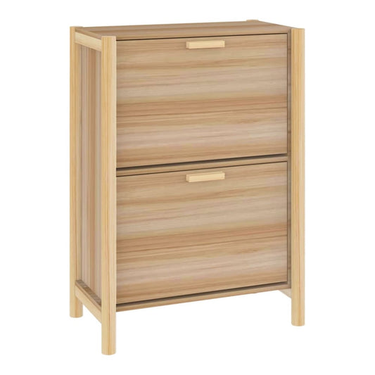 The shoe rack with two flip-down drawers in a light wood effect