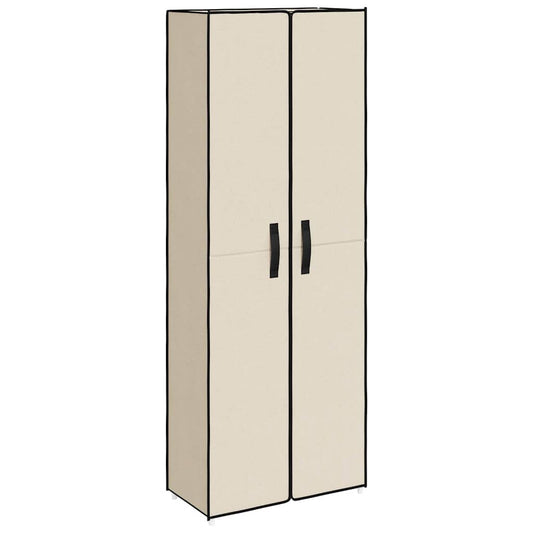 The shoe cabinet with its fabric doors closed showing the cream colour and black trim