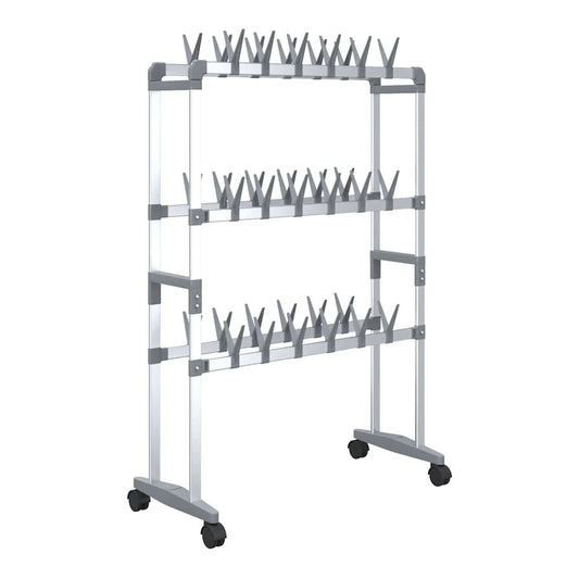The metal shoe rack shown from a high angle to display the three tiers of shoe holders
