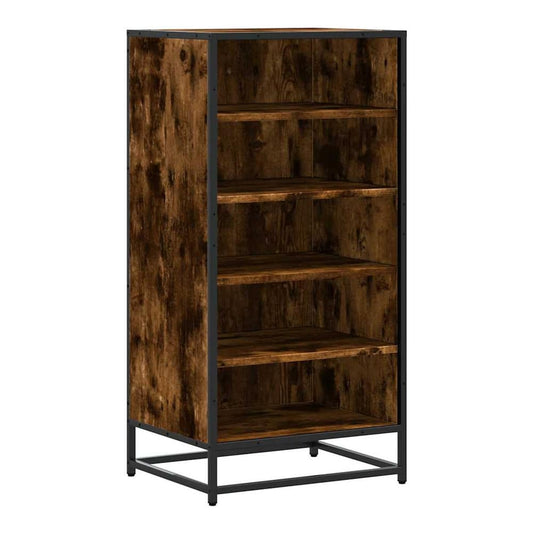 The shoe rack with five empty shelves and a dark metal frame on a white background